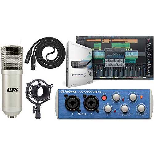Presonus AudioBox 96 オーディオ USB 2.0 レコーディング インターフェイス、Studio One Artist ソフトウェア キット、コンデンサー マイク ショックマウント、XLR ケーブル付き (インターフェイスの色は青または黒で異なる場合があります) Presonus Aud