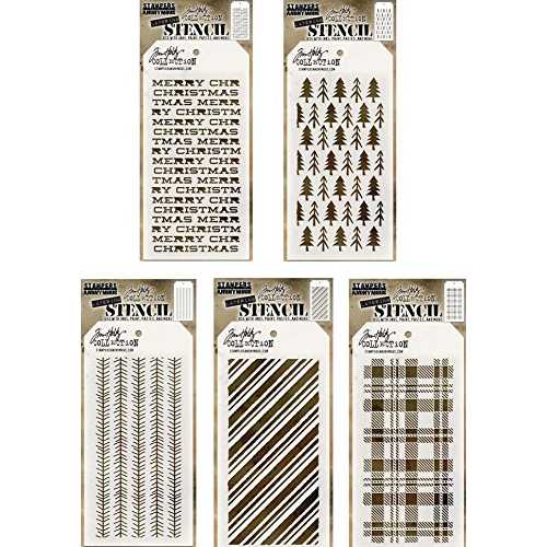 Tim Holtz - ステンシル セット 12 - 5 アイテム バンドル - 2017 年冬新商品 - ペパーミント、パインズ、見掛け倒し、チェック柄、メリー クリスマス Tim Holtz - Stencils Set 12 - Five Item Bundle - New for Winter 2017 - Peppermint