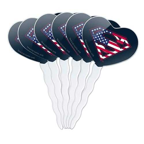 GRAPHICS & MORE Superman USA American Flag Shield Logo Heart Love Cupcake Picks Toppers Decoration Set of 6画像