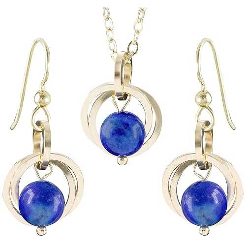 Blue Lapis Lazuli Real Gemstone 14K Gold-Filled Pendant Necklace and Dangle Earrings Jewelry Gift Set for Women - 18 Inches Tahmi Blue Lapis Lazuli Real Gemstone 14K Gold-Filled Pendant Necklace and Dangle Earrings Jewelry