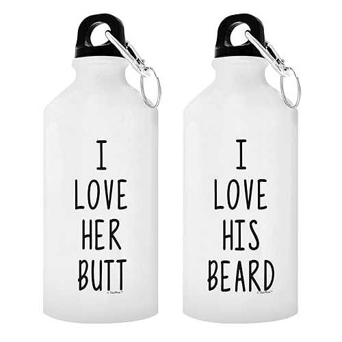 Unique Wedding Idea for Bride and Groom I Love Her Butt I Love His Beard Matching Couple 2-Pack Aluminum Water Bottles with Cap \u0026 Sport Top White ThisWear Unique Wedding Idea for Bride and Groom I Love Her Butt I L
