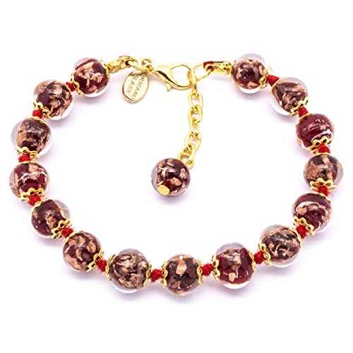 本物のムラーノ ガラス ブレスレット イタリアで手作り レッド アベンチュリン ガラス ビーズ 手吹きガラス Venice Glass Secrets Authentic Murano Glass Bracelet Handmade In Italy Red Aventurine Glass Beads Hand Blown Glass
