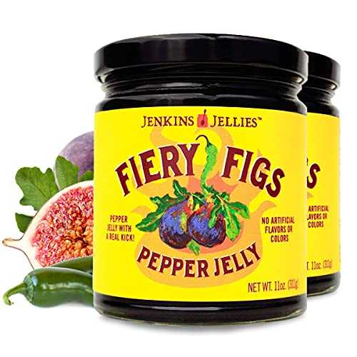 Jenkins Jellies Fiery Figs Hot Pepper Jelly - Sweet & Spicy Jalape・・o Jelly - Gluten Free, Vegan Pepper Jam - Use as a Glaze, Dipping Sauce, or Dessert Topping - All Natural & USA Made - 2 x 11 Ounces