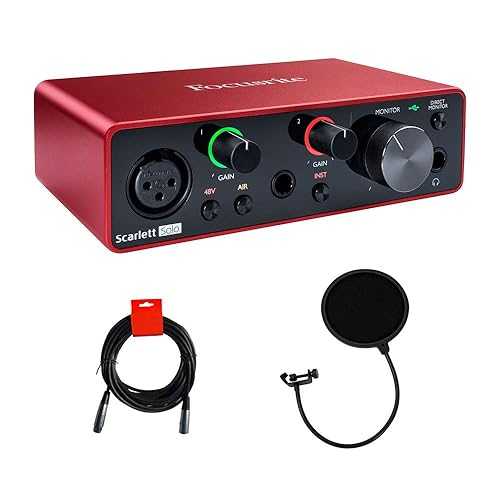 Focusrite Scarlett Solo 3rd Gen USB Audio Interface Bundle with 25-Feet XLR Male to XLR Female Microphone Cable, and Pop Filter for Broadcasting and Recording Microphones (3 Items)