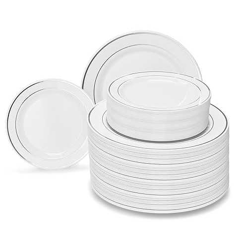 OCCASIONS FINEST PLASTIC TABLEWARE OCCASIONS 240 Plates Pack,(120 Guests) Heavyweight Premium Wedding Party Disposable Plastic Plates Set -120 x 10.5'' Dinner + 120 x 7.5'' Salad/Dessert (White & Silver Rim)