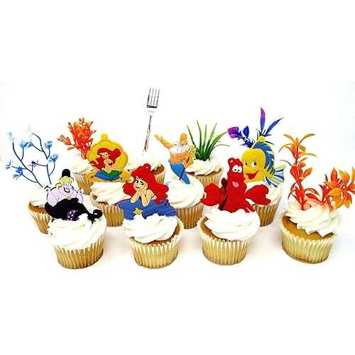 リトル・マーメイドのバースデーケーキ カップケーキトッパーセット リトル・マーメイドのキャラクターとテーマの装飾アクセサリーをフィーチャー Cake Toppers Little Mermaid Birthday Cake CUPCAKE Topper Set Featuring Characters from LITTLE MERMAID画像