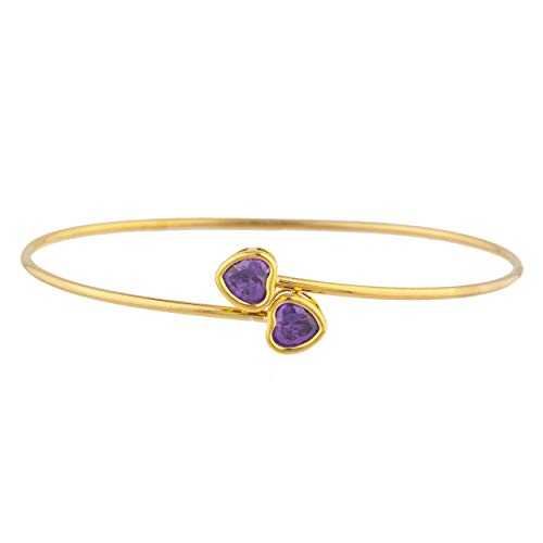 14K ゴールド CZ アメジスト ハート型 ベゼル バングル 腕輪 Elizabeth Jewelry 14Kt Gold CZ Amethyst Heart Bezel Bangle Bracelet