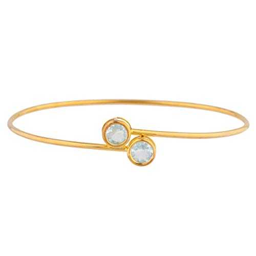 14K ゴールド本物の青緑色 ラウンド ベゼル バングル 腕輪 Elizabeth Jewelry 14Kt Gold Genuine Aquamarine Round Bezel Bangle Bracelet