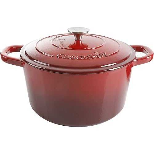 Crock-Pot Artisan 7-Quart Round Enameled Cast Iron Dutch Oven Scarlet Red, Heavy-Duty Cookware for Slow Cooking, Baking, Roasting with Lid