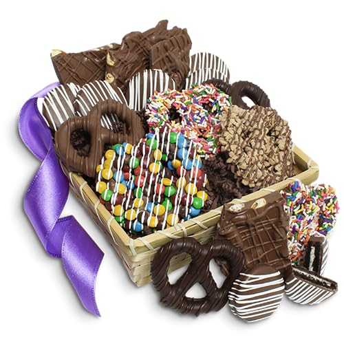 Dreamy Delight Gourmet Hand Dipped Chocolate Covered Pretzels and Cookies Baskets from All City Candy Small Batch Hand Dipped Treats