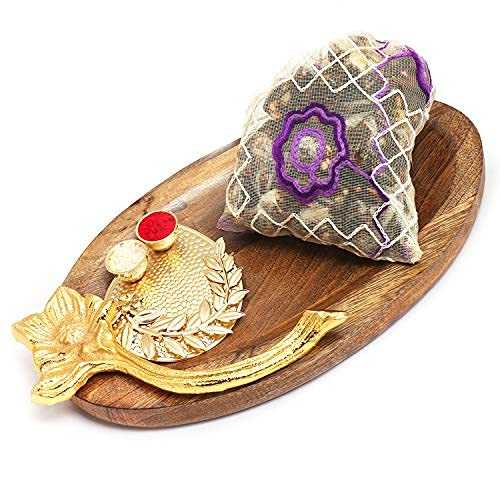 Ghasitaram Gifts Diwali Gifts Wooden Platter with Pooja Thali and Sugarfree Dates and Figs Bites Pouch