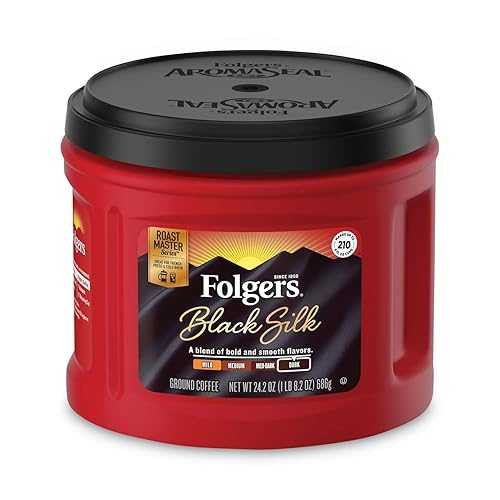 Folgers ブラック シルク カフェイン入り挽いたコーヒー、24.2 オンス -- ケースあたり 6 個。 Folgers Black Silk Caffeinated Ground Coffee, 24.2 Ounce -- 6 per case.