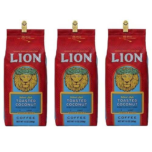 ライオンコーヒー、トーストココナッツフレーバー、ライトロースト、全豆、10オンスバッグ（3個パック） Lion Coffee, Toasted Coconut Flavor, Light Roast, Whole Bean, 10 Ounce Bag (Pack of Three)
