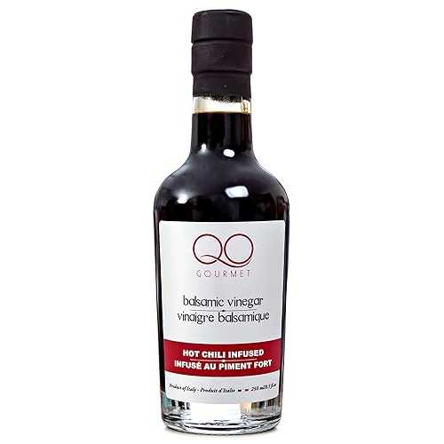 QOグルメ モデナ産濃厚熟成バルサミコ酢、ホットチリ注入（中辛） | すべて天然の高密度注入イタリア酢 | 8.5 液量オンス (250 ml) QO Gourmet Thick Flavored Aged Balsamic Vinegar of Modena, HOT CHILI Infused (Medium Hot) | All Nat