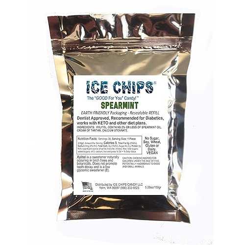 ICE CHIPS キシリトール キャンディ、5.28 オンスの大きな再密封可能なポーチ入り。低炭水化物＆グルテンフリー（スペアミント） ICE CHIPS Xylitol Candy in Large 5.28 oz Resealable Pouch; Low Carb & Gluten Free (Spearmint)