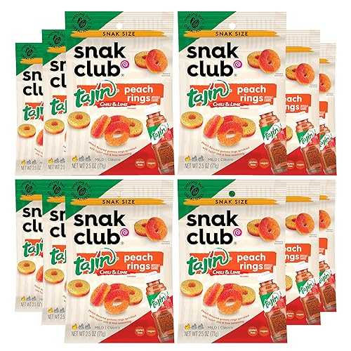 ?? ?? ?? ??? ?, ???? ?? ?? ??, 2.5?? ?? ???, 12?? Snak Club Tajin Peach Rings Gummy Candy, Fruit Candy Gummies with Chili and Lime Seasoning, Mild, Gluten-Free and Vegan Snacks, 2.5 oz