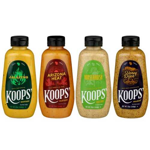Koops' Sweet & Heat Mustard Variety Pack ? Jalapeno, Arizona Heat, Horseradish, & Honey Dijon ? Gluten-Free, Kosher, Made in USA, From Quality Mustard Seeds ? 12 Oz, Pack of 4