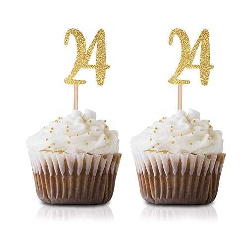 ゴールド Happy 24th Birthday カップケーキトッパー 24個パック Number 24 グリッター誕生日パーティーカップケーキトッパー デコレーション MAGJUCHE Gold Happy 24th Birthday Cupcake Topper, 24-Pack Number 24 Glitter Birthday Party Cupcake画像
