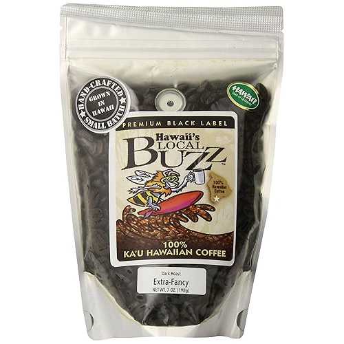 ハワイのローカルバズプレミアムブラックラベルエクストラファンシー、ダークロースト全粒豆、7オンス Hawaii's Local Buzz Premium Black Label Extra Fancy, Dark Roast Whole Bean, 7 Ounce