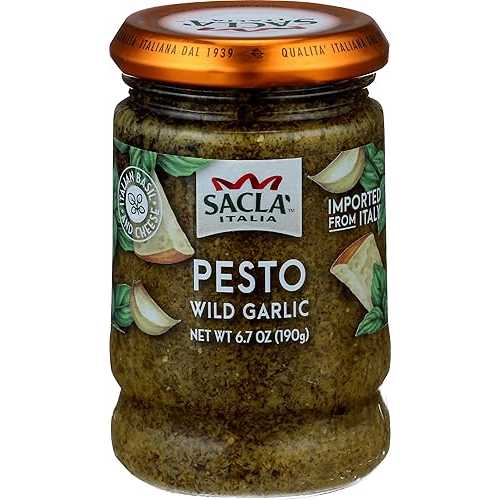 SACLA Wild Garlic Pesto Sauce Basil & Wild Garlic Italian Pesto with Parmigiano Reggiano & Pecorino Romano Cheeses 6.7 oz Glass Jar Non-GMO Gourmet Sauce Imported from Italy SACLA Wild Garlic Pesto Sauce Basil & Wild画像