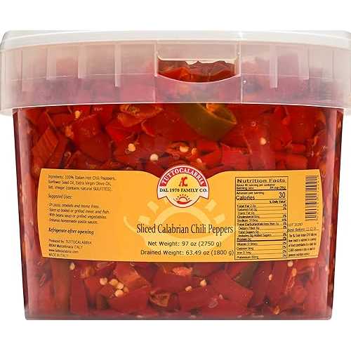 TUTTOCALABRIA Sliced Calabrian Chili Peppers in Oil, Bulk Foodservice Tub, 97 oz, chopped, rounds, Topping, All Natural, Non-GMO, Product of Italy|Glomarket