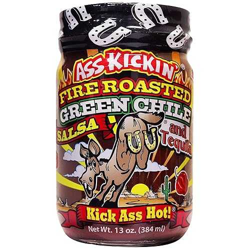 ASS KICKIN' KICKIN' Fire Roasted Green Chile and Tequila Salsa - 13 oz. - Premium Gourmet Salsa for Tortilla Chips, Veggies, and Breakfast Burritos - Perfect Stocking Stuffers or Christmas Gifts - Try if you 4,331円