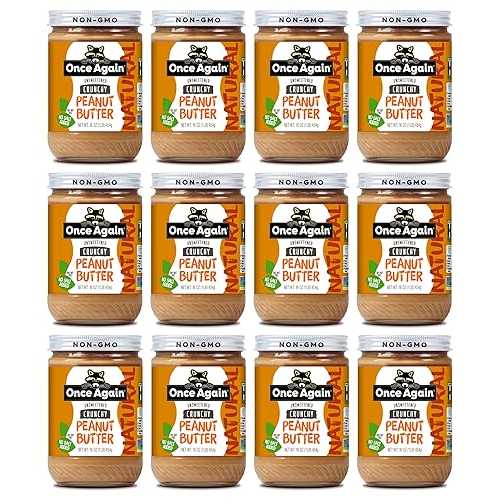 Once Again Natural、カリカリピーナッツバター、16オンス - 無塩、無糖 - グルテンフリー認定、ビーガン、コーシャー、非GMO認証済み - ガラス瓶 - 12個入りケース Once Again Natural, Crunchy Peanut Butter, 16oz - Salt Free, Unsweetened -