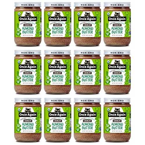 Once Again Organic Crunchy Almond Butter, 16oz - Lightly Toasted - Salt Free, Unsweetened - USDA Organic, Gluten Free Certified, Peanut Free, Vegan, Kosher, Paleo - Glass Jar - 12 Pack