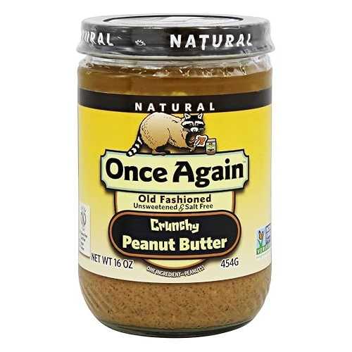 Once Again Natural, Crunchy Peanut Butter, 16oz - Salt Free, Unsweetened - Gluten Free Certified, Vegan, Kosher, Non-GMO Verified - Glass Jar
