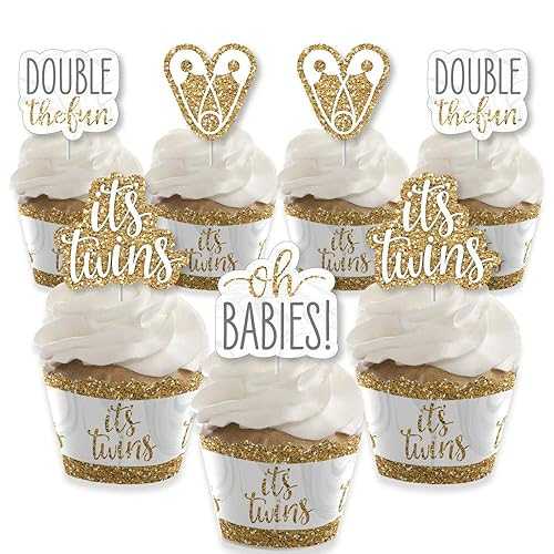 Big Dot of Happiness It's Twins - カップケーキデコレーション - ゴールドツインズ ベビーシャワーカップケーキラッパーとトリートピックキット - 24個セット Big Dot of Happiness It’s Twins - Cupcake Decoration - Gold Twins Baby Shower