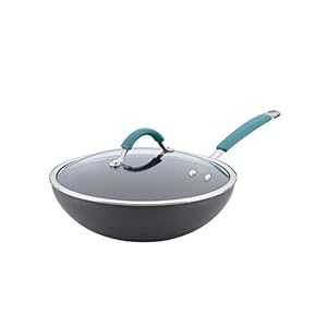 Rachael Ray 87644 Cucina 硬質陽極酸化ノンスティック炒め鍋 蓋付き 11 インチ グレー ブルーハンドル付き Rachael Ray 87644 Cucina Hard Anodized Nonstick Stir Fry Wok Pan with Lid, 11 Inch, Gray with Blue Handles