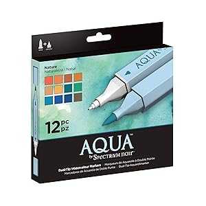 Spectrum Noir Aqua Artist's Water Based Dual Nib Marker Coloring Pens, Nature, Pack of 12,Blue