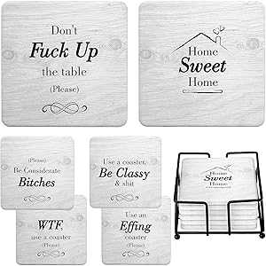 Ultimate Hostess Funny Coasters for Drinks Absorbent with Holder - 6 Pcs Novelty Gifts Set - 6 Sayings - Unique Present for Friends, Men, Women, Housewarming, Birthday, Living Room Decor, White Elephant, Holiday P