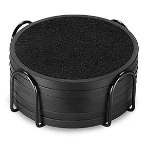 MECOWON Absorbent Coasters for Drinks with Holder - 6packs, Silicone Coasters with Soft Felt Insert, Black