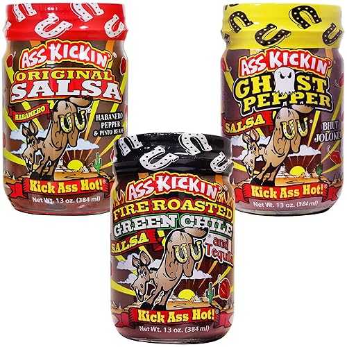 ASS KICKIN' ホット スパイシー サルサ ギフト セット - 3 パック - プレミアム グルメ オリジナル ハバネロ、ゴースト ペッパー、グリーン チリ、テキーラ サルサ、チップス、野菜、朝食ブリトー用 - 警告 - 勇気がある人はお試しください。 ASS KI