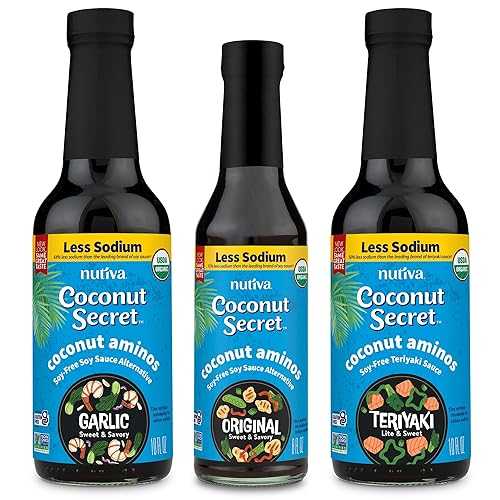 Coconut Secret Organic Coconut Liquid Aminos Variety 3-Pack - Includes Original 8oz, Garlic 10oz, and Teriyaki 10oz - Low Sodium Soy Sauce Alternative for Cooking, Dipping, and Marinating