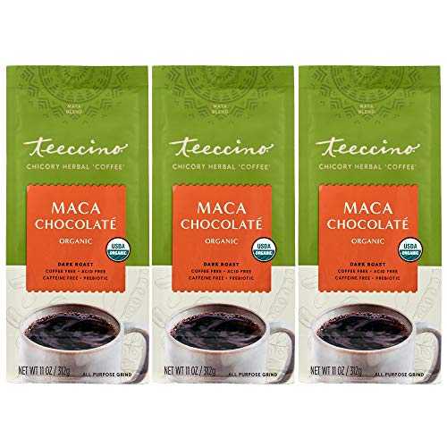 Teeccino Maca Chocolat Chicory Coffee Alternative - Ground Herbal Coffee That s Prebiotic, Caffeine Free & Acid Free, Dark Roast, 11 Ounce (Pack of 3)