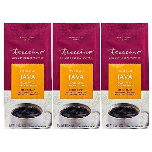 Teeccino Java Chicory Coffee Alternative - Ground Herbal Coffee That s Prebiotic, Caffeine Free & Acid Free, Medium Roast, 11 Ounce (Pack of 3)