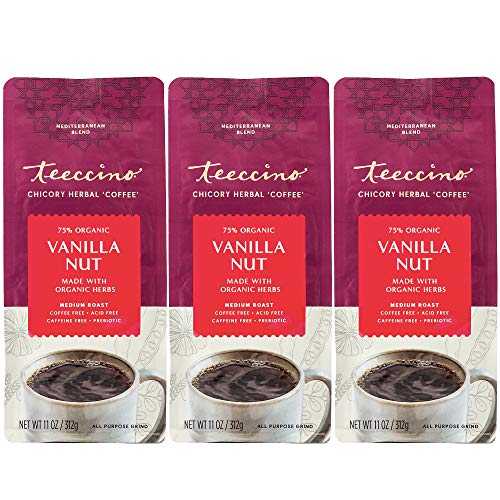Teeccino Vanilla Nut Chicory Coffee Alternative - 11 Ounce - Ground Herbal Coffee That s Prebiotic, Caffeine Free & Acid Free, Medium Roast, (Pack of 3)