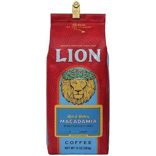 Lion Coffee Macadamia Nut Flavored Coffee (Ground, Light Medium Roast, International Blend, 10oz Bag)