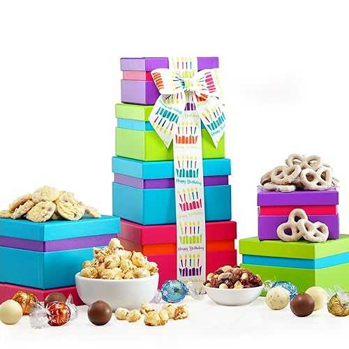 Broadway Basketeers Birthday Gift Basket Tower - Birthday Snack Box with Sweet and Savory Treats for Men, Women, & Kids