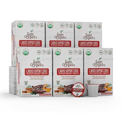 Super Organics Cardio Support Coffee Brew Cups With Superfoods & Probiotics Keurig K-Cup Compatible Cardiovascular Health Medium Roast, USDA Certified Organic, Vegan Coffee, 60ct