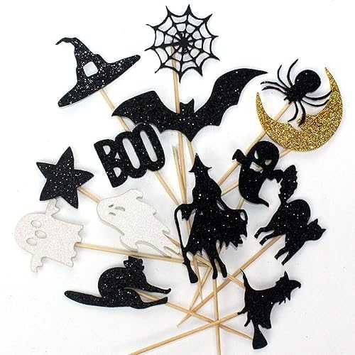 musykrafties Shimmer Halloween 14-piece Fabic Cupcake Topper Cake Decoration Picks, Black Cat Bat Spider Web Witches Witch Hat Ghost Boo Moon Star画像
