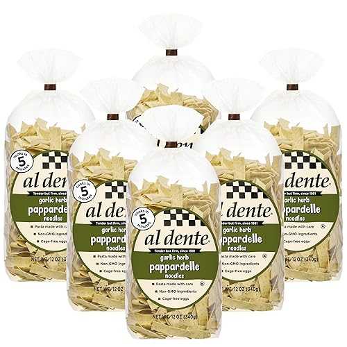 Al Dente Garlic Herb Pappardelle ? All-Natural, Hand-Crafted Egg Pasta, Gourmet and Flavorful, Traditional Wide Noodles Made with Cage-Free Eggs, Semolina, Garlic, and Herbs - 12oz Bags (Pack of 6)
