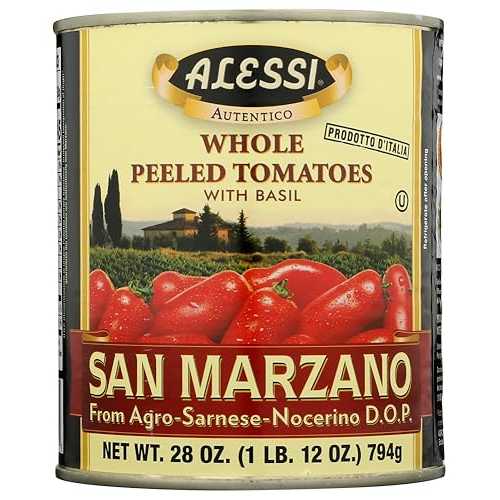 Alessi DOP 皮をむいた丸ごとサンマルツァーノトマト、バジル添え、28 オンス (6 個パック)6 Alessi D.O.P. Whole Peeled San Marzano Tomatoes with Basil, 28 oz (Pack of 6)6