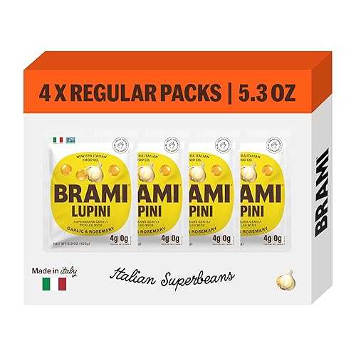 BRAMI Lupini Beans Snack, Garlic & Rosemary | 7g Plant Protein, 0g Net Carbs | Vegan, Vegetarian, Keto, Plant Based, Mediterranean Diet, Non Perishable | 5.3 Ounce (4 Count)