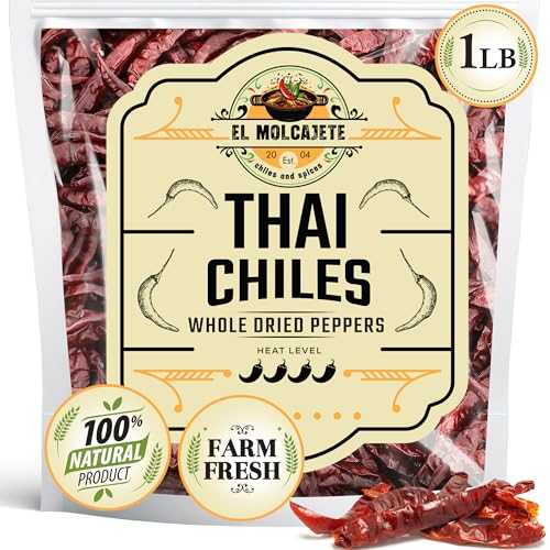 Dried Red Thai Chili Peppers, 16 oz Bag Whole Hot Peppers for Traditional Asian Cooking, Soups, and Curries by El Molcajete