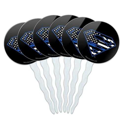 GRAPHICS & MORE Superman Thin Blue Line Flag Shield Logo Cupcake Picks Toppers Decoration Set of 6画像