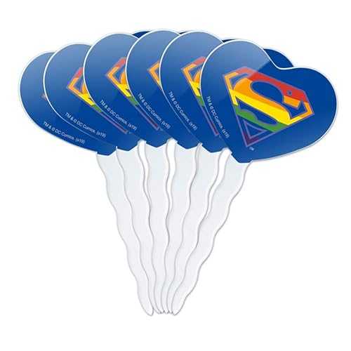 GRAPHICS & MORE Superman Rainbow Shield Logo Heart Love Cupcake Picks Toppers Decoration Set of 6画像