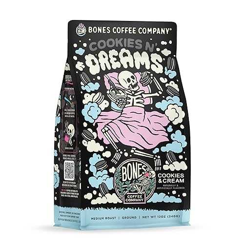 Bones Coffee Company Cookies 'N Dreams Cookies and Cream Flavored Coffee, Medium Roast Low Acid Arabica Beans Compatible with Auto drip and French Press Coffee Maker, 12 Oz Ground